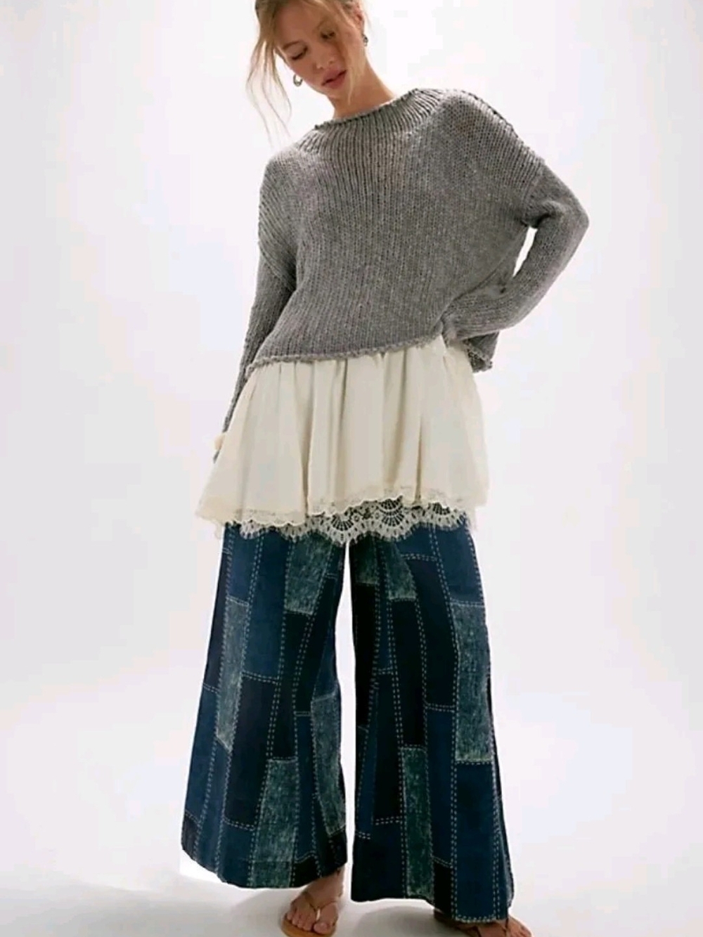 We The Free Patchwork Wide Leg Flare Jeans in Dark Blue